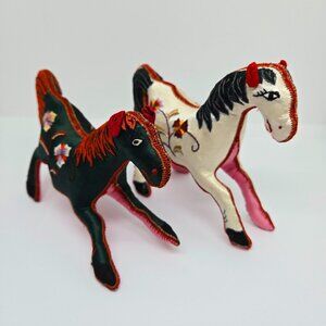 1 Pair Vintage Embroidered Silk Satin Horse Figurines